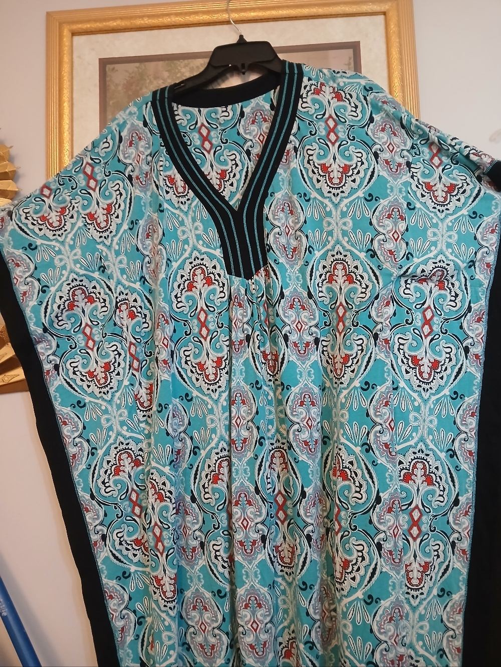 Ellen Tracy Nightgown Caftan L/XL Black Contrast Trim